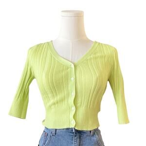TALULAH Green Button Down Cropped Cardigan Women's M, Artsy Vibrant Retro Indie